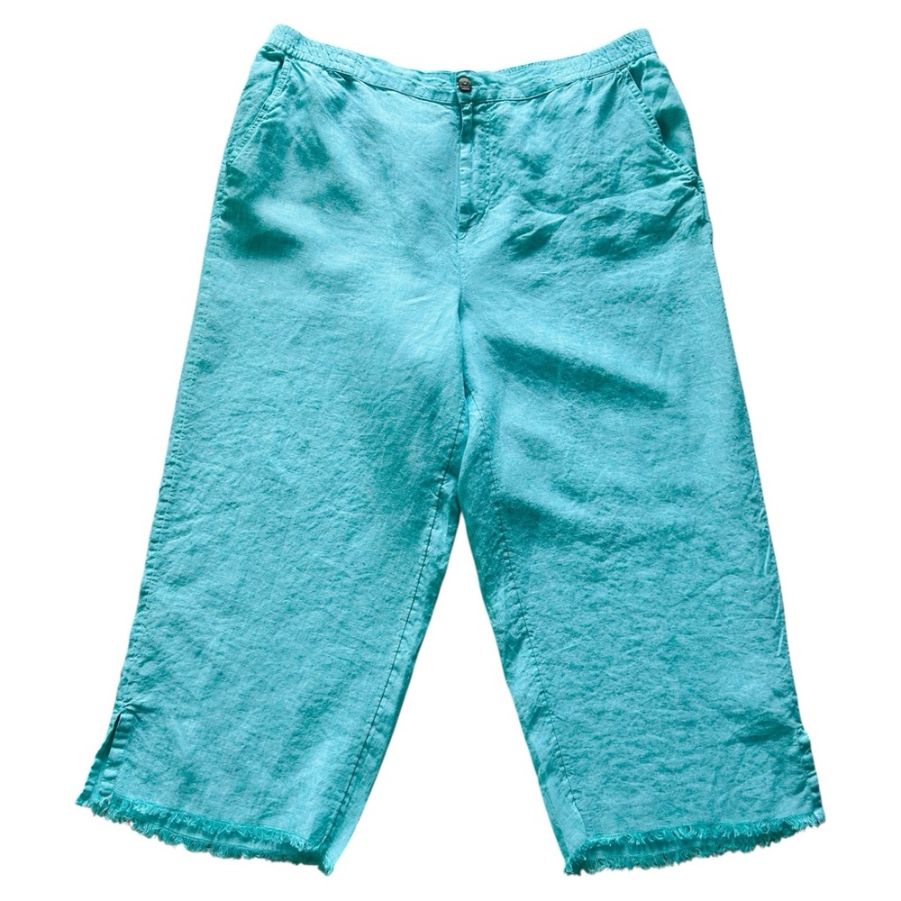 COLDWATER CREEK Aqua 100% Linen Pants Raw Hem Size 18W Ankle Length Summer